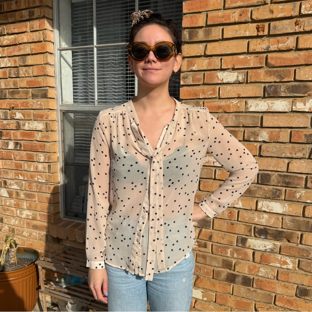 Coincidence & Chance Sheer Polka Dot Tie Neck Long Sleeve Button Down